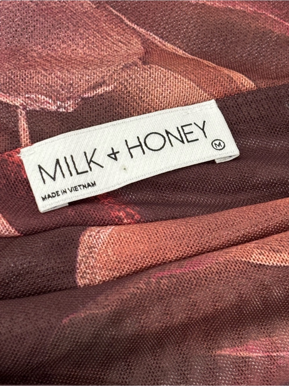 Milk + Honey Burgundy Floral Mesh Asymmetrical Ruffle Top - Medium - Picture 3 of 7